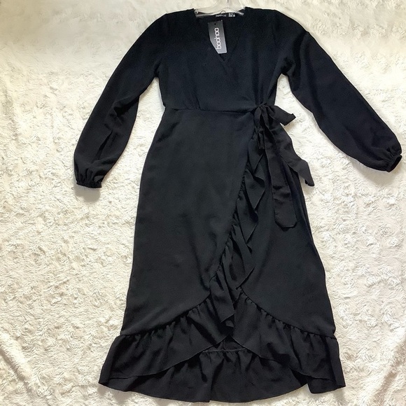 Nwt Boohoo Petite Black Woven Wrap Midi Dress Size 4 - Picture 2 of 11